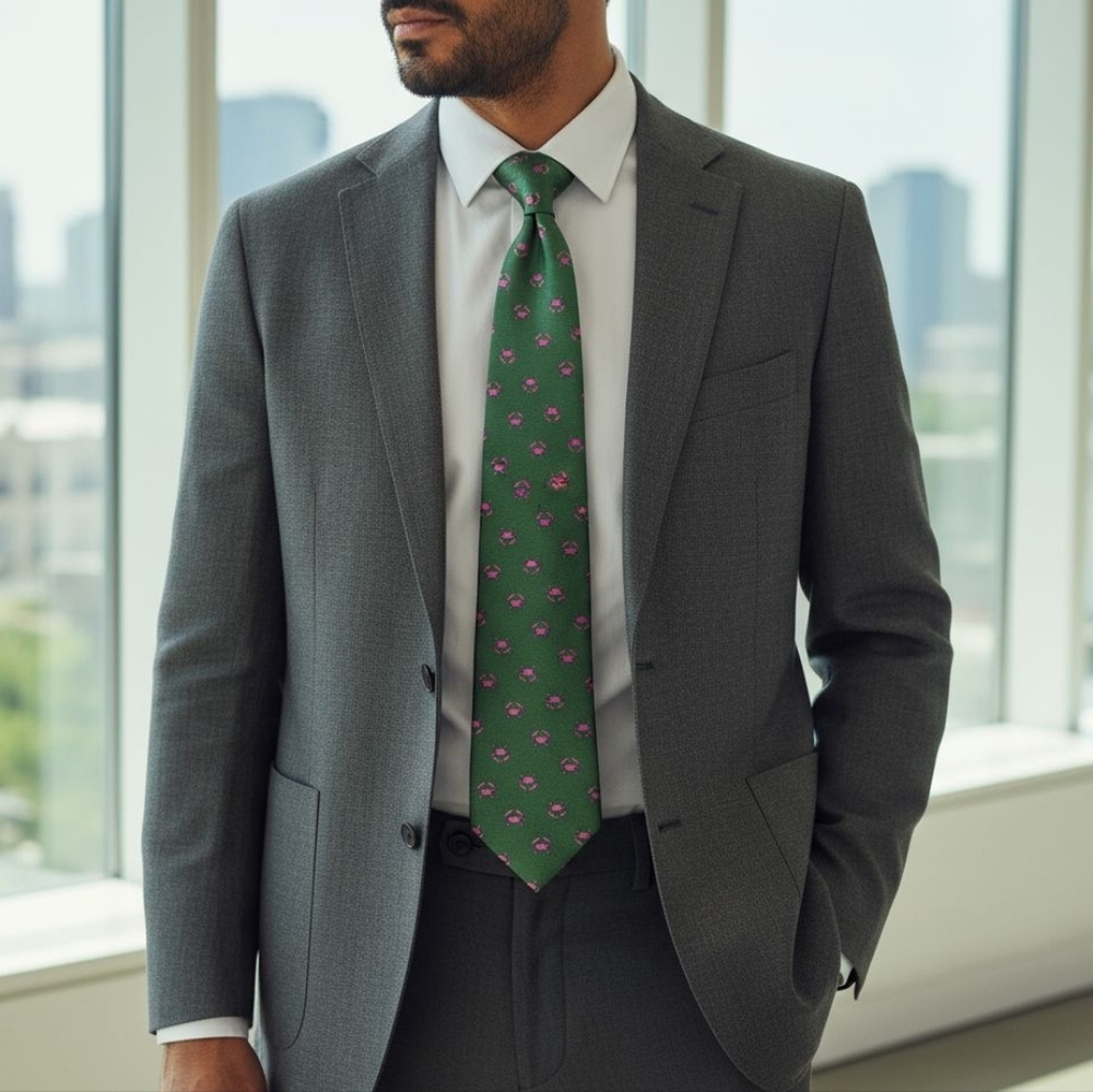 The Tie Bar Green Men's Tie With Pink Crabs